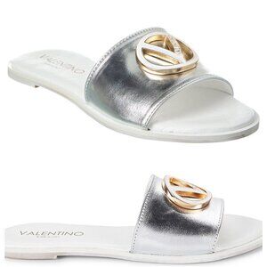 VALENTINO By Mario Valentino Bugola Slide Leather Sandals Size 9, Silver, Italy
